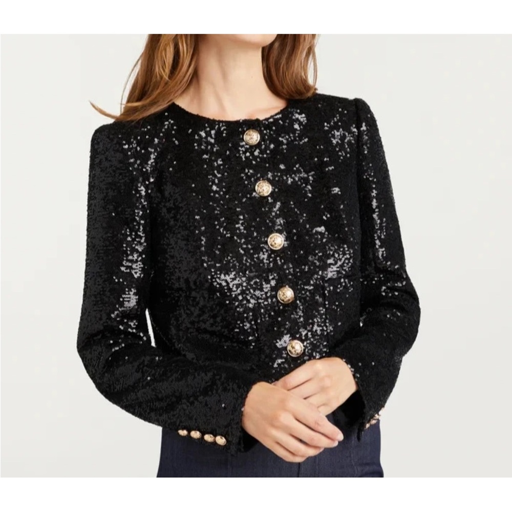 Cinq a sept Black Sequin Button-Front Jacket with Gold Buttons